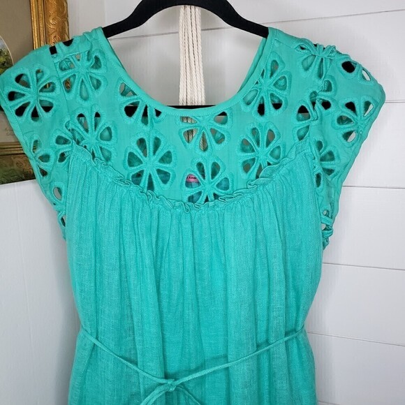 Maternal America Green Linen Cap Sleeve Crochet Eyelet Maternity Dress L - Picture 3 of 5